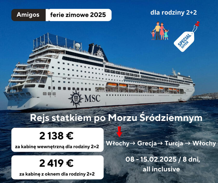 ferie zimowe 2025, rejs statkiem, morze śródziemne, luksusowy statek, kabina wewnętrzna, kabina z oknem, statek msc sinfonia, rejs all inclusive, bari włochy, grecja korfu, grecja ateny, turcja izmir, turcja stambuł, rejs z rodziną, oferta dla rodzin, rejs zwiedzanie, trasa rejsu, harmonogram rejsu